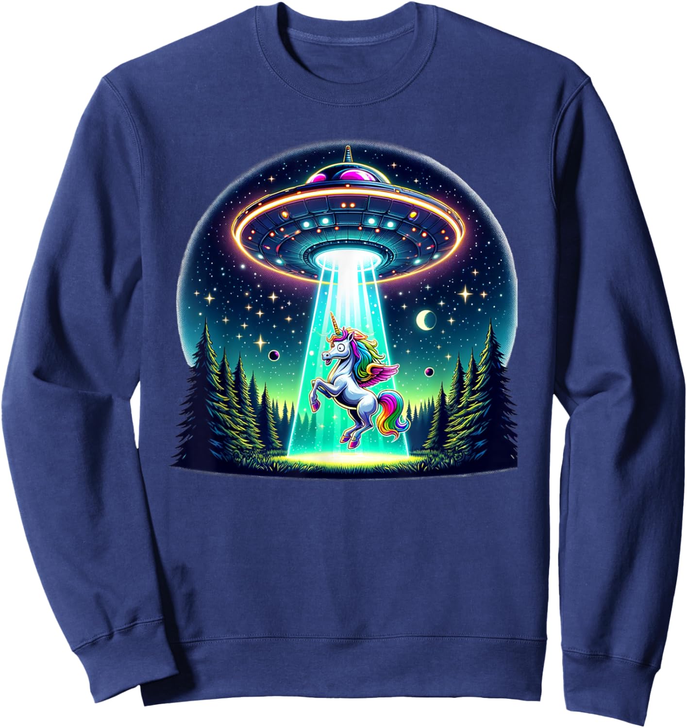 Rainbow Unicorn Abduction Alien Invasion Funny UFO Spaceship Sweatshirt - Sweatshirt | Navy
