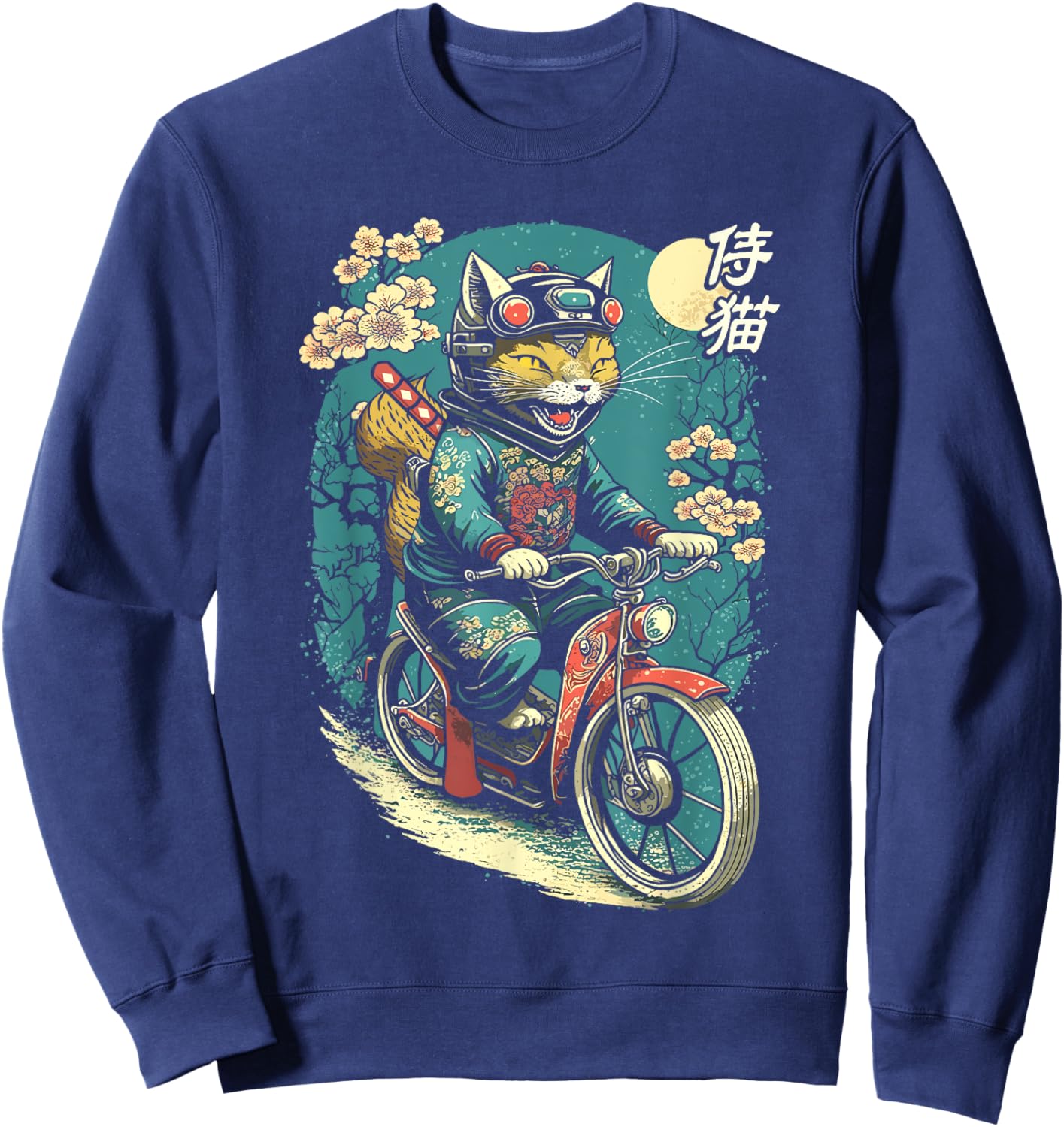 Japanese Samurai Cat on Motorcycle Kawaii Ninja Cat Men Women Kids Sweatshirt - Sweatshirt | Navy