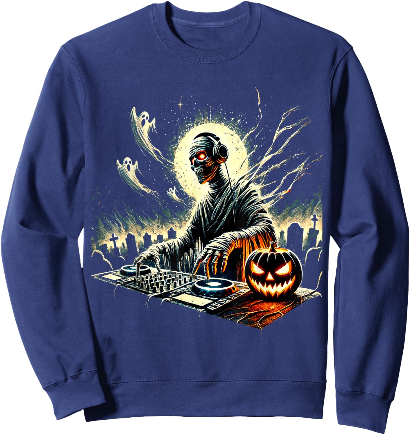 Spooky Mummy DJ Halloween Music Vibes Creepy Scary Horror Sweatshirt - Sweatshirt | Navy