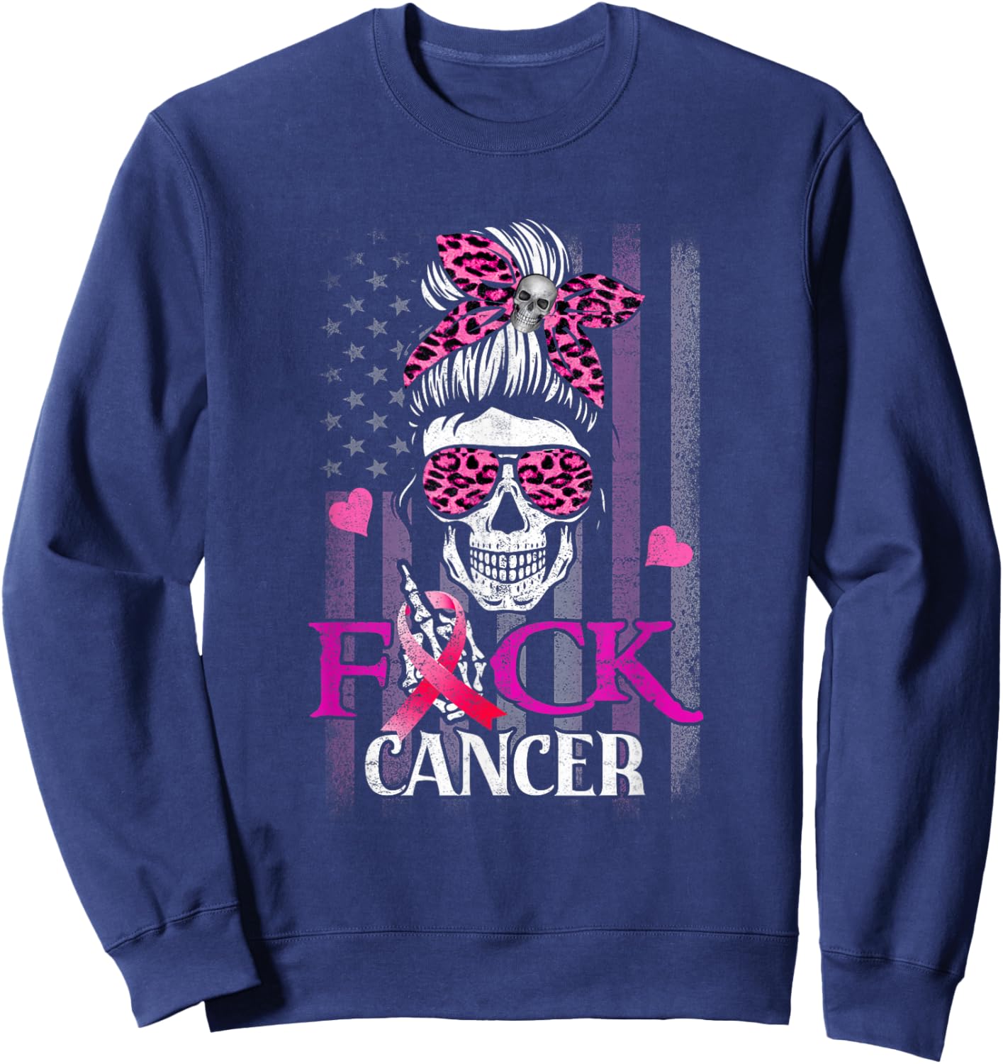 Messy Bun Skull Breast Cancer Awareness Fuck-Cancer USA Flag Sweatshirt - Sweatshirt | Navy