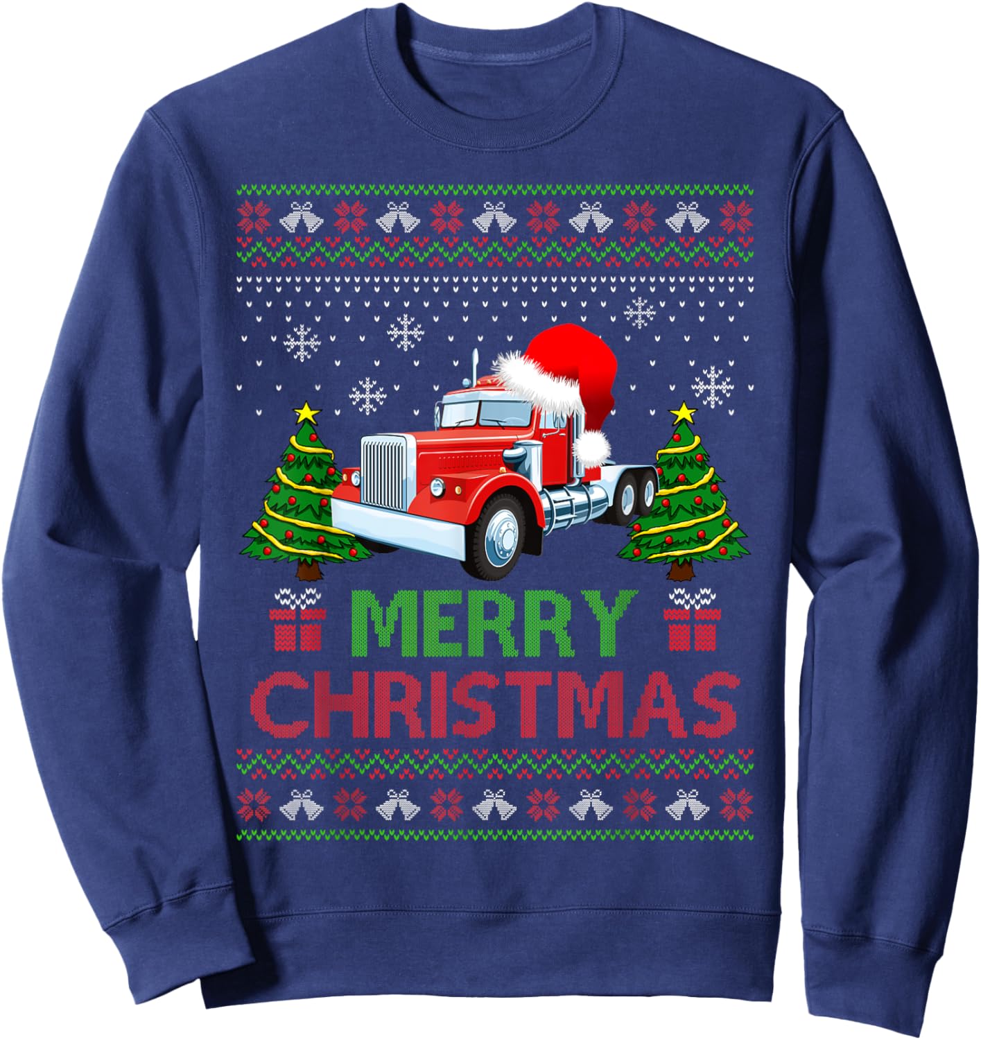 Merry Christmas Red Semi Truck Santa Hat Ugly Xmas Men Boys Sweatshirt - Sweatshirt | Navy