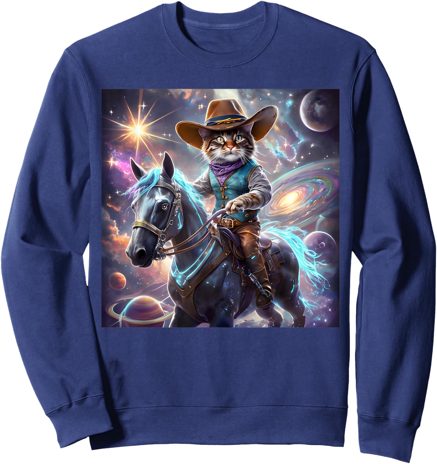 Cat Cowboy Rainbow Galaxy Kitten Riding Horse Cowboy Hat Sweatshirt - Sweatshirt | Navy