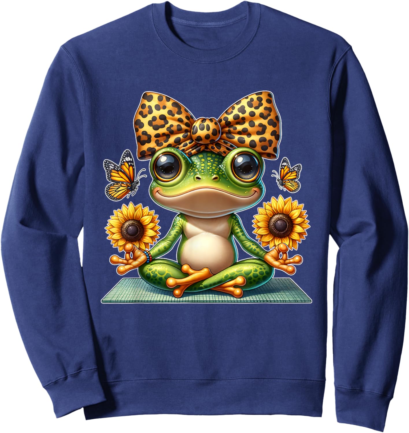 Cute Frog Yoga with Sunflowers and Butterflies Sweatshirt - Sweatshirt | Navy