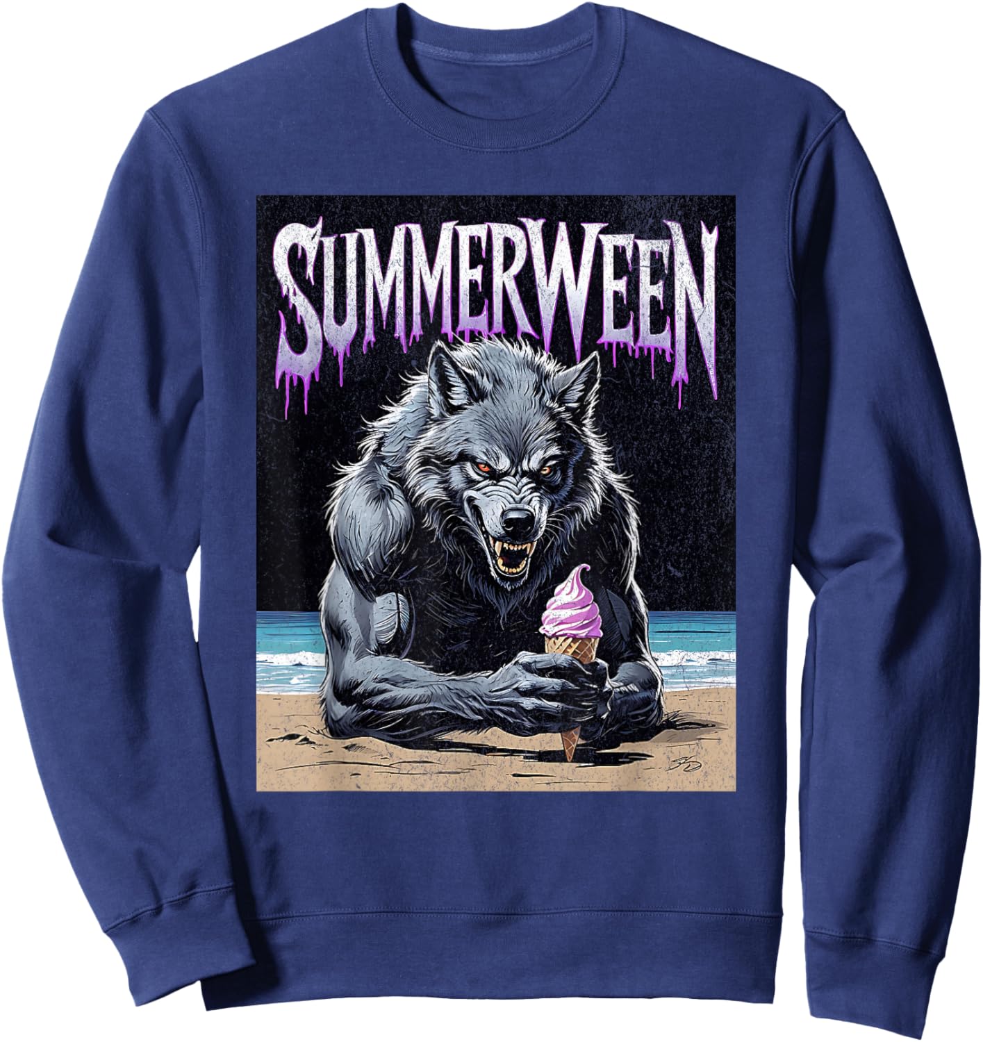 Summerween Werewolf Ice Cream Gothic Halloween Beach Sweatshirt - Sweatshirt | Navy