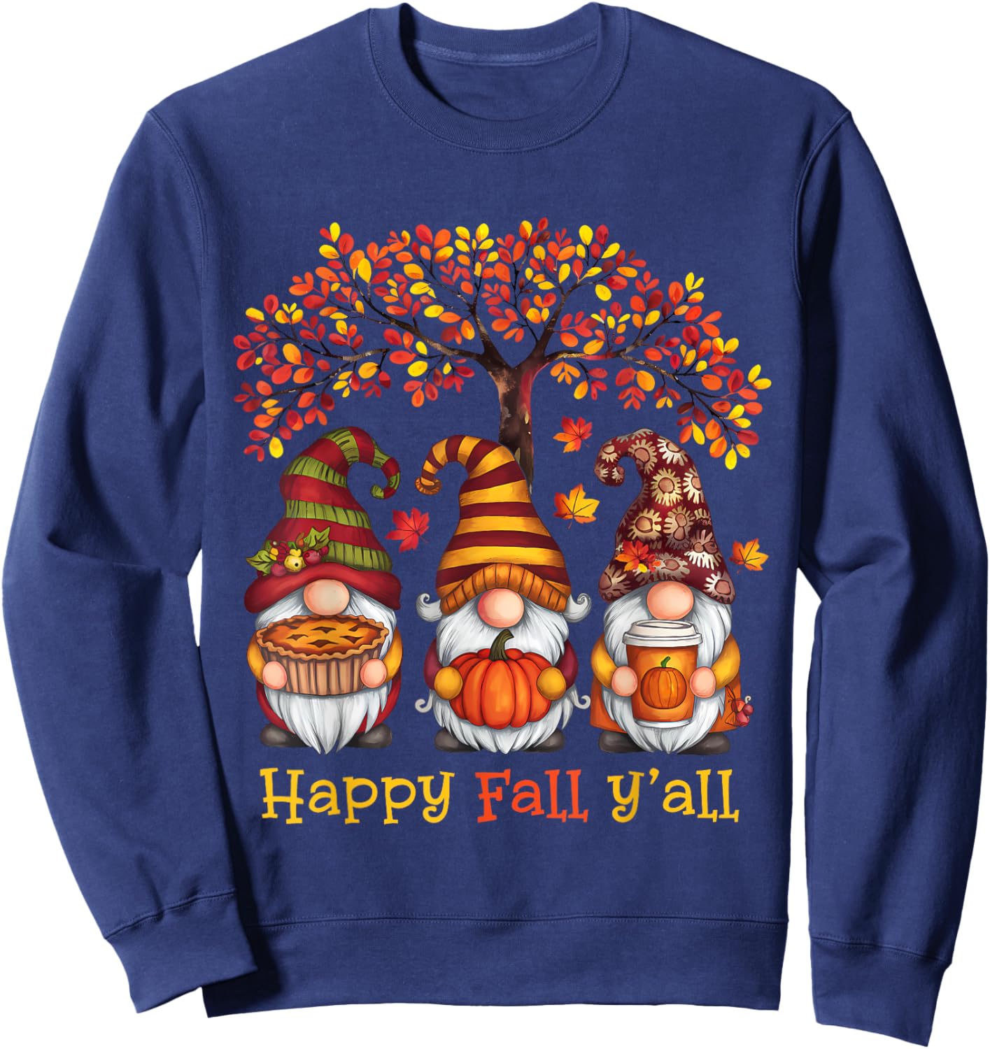 Happy Fall Autumn Leaves Pumpkin Garden Gnomes Sweatshirt - Sweatshirt | Navy