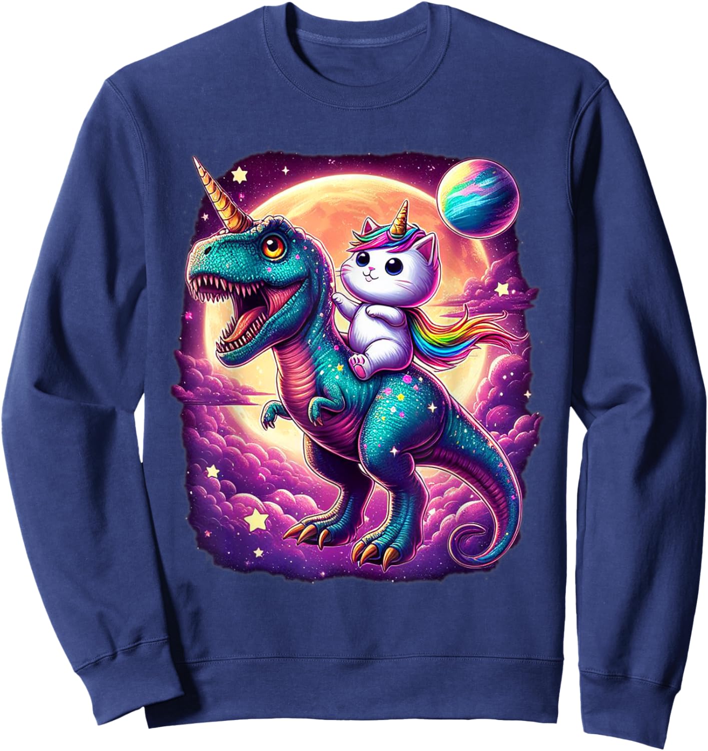 Cat Unicorn Riding Dinosaur T rex Kitten Lover Space Galaxy Sweatshirt - Sweatshirt | Navy