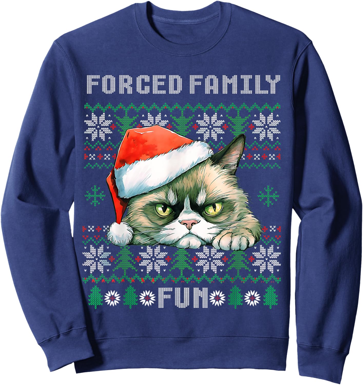 Forced Family Xmas Fun Funny Cat Lover Men Women Christmas Sweatshirt - Sweatshirt | Navy