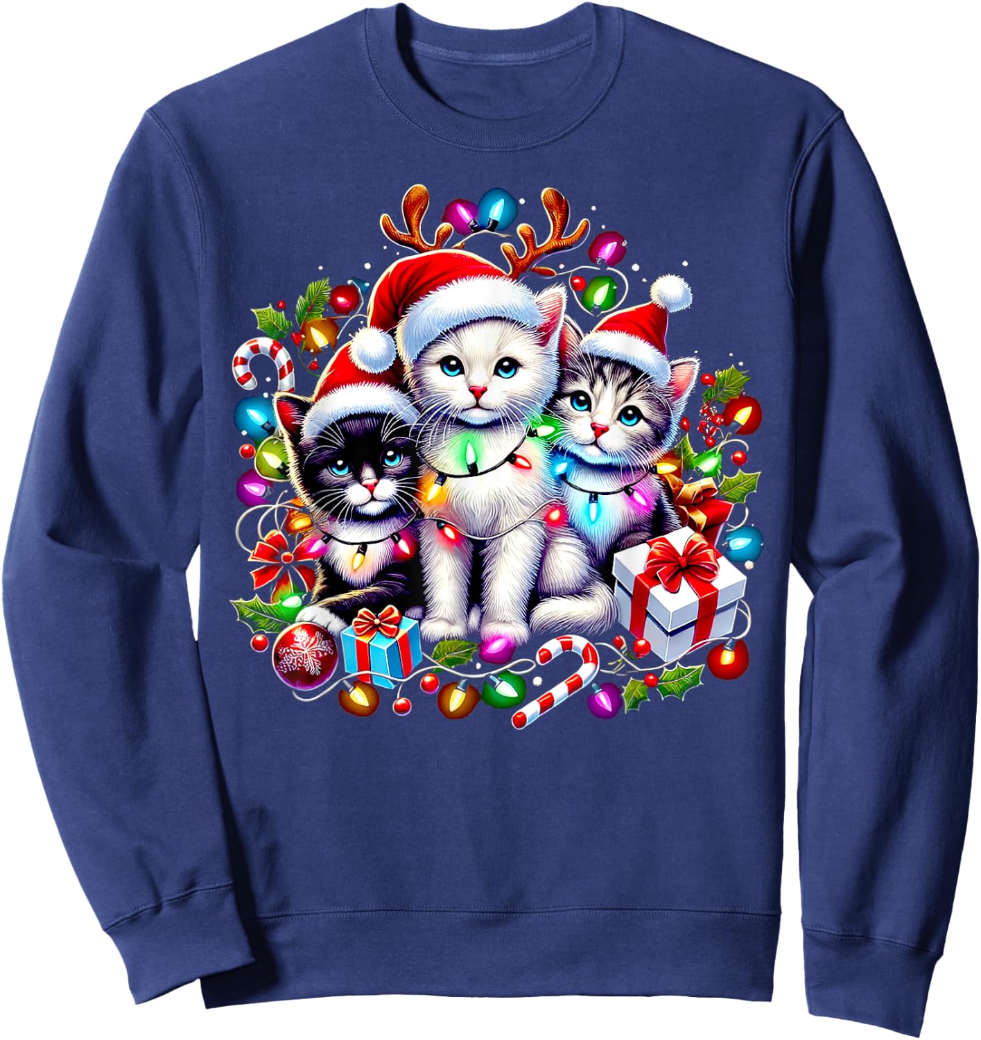 Cute Kittens Christmas Cheer Santa Hats Lights Cats Kittys Sweatshirt - Sweatshirt | Navy