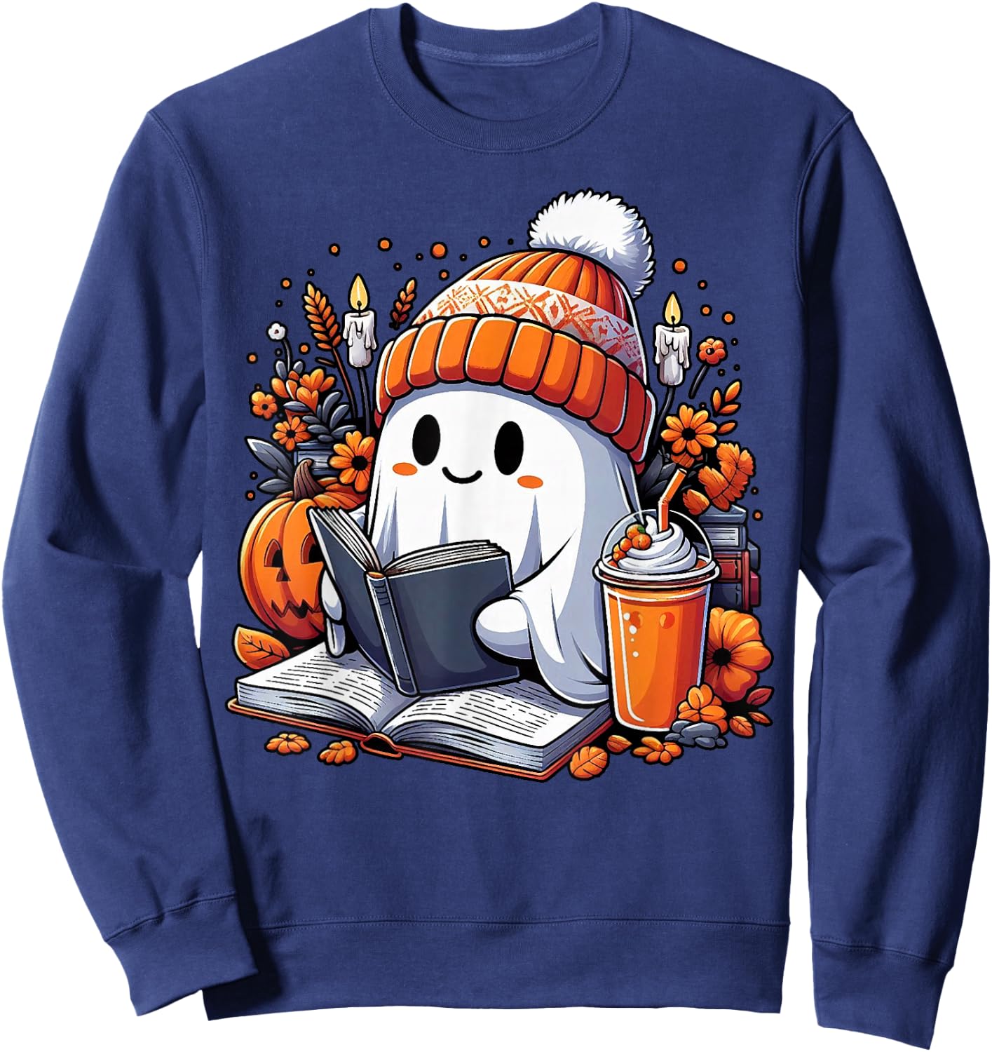 Ghost Drinking Coffee Book Reading Halloween Pumpkin Flower Sweatshirt - Sweatshirt | Navy