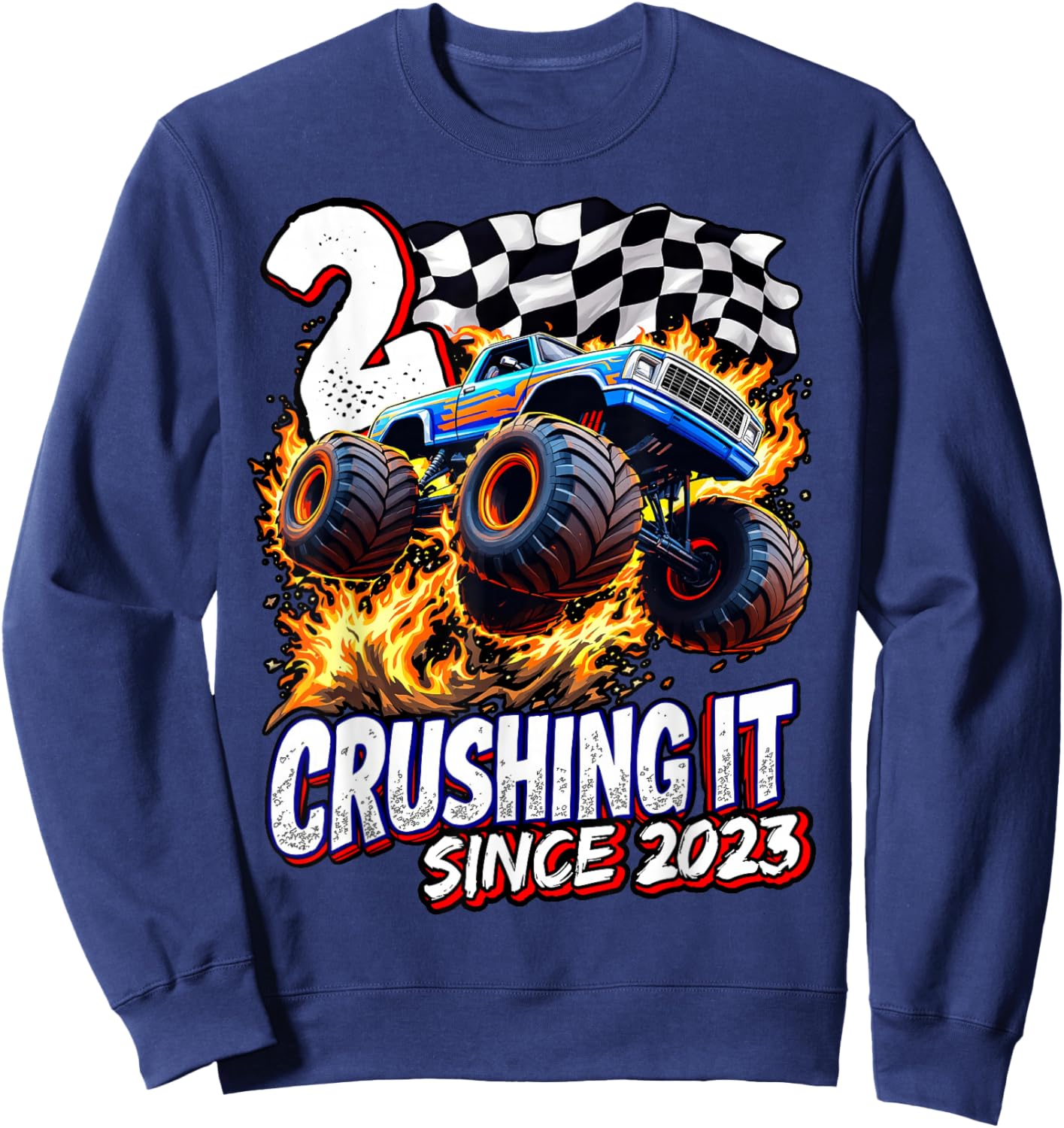 Birthday Monster Truck 2 Year Old Boys 2nd Party Born 2023 Sweatshirt - Sweatshirt | Navy