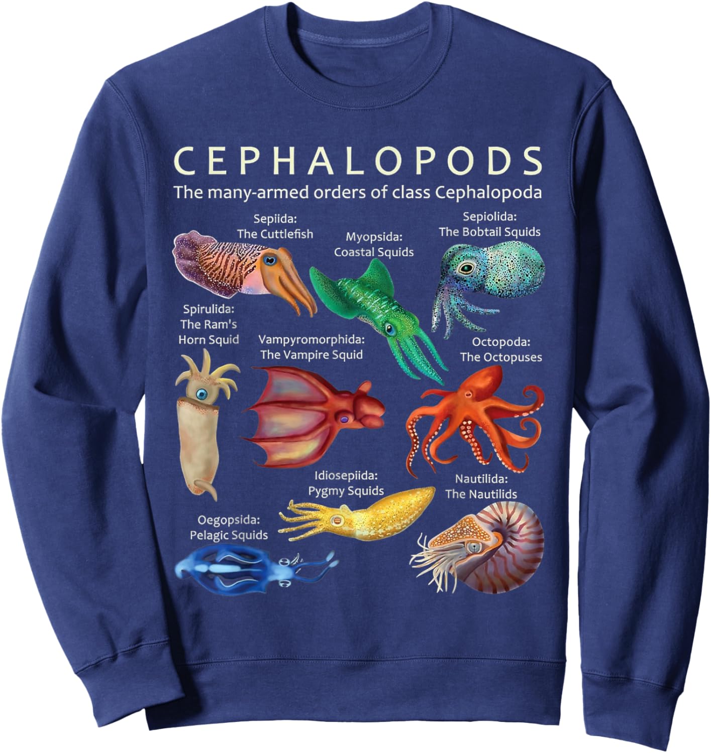 The Cephalopod Octopus Squid Cuttlefish and Nautilus Sea Sweatshirt - Sweatshirt | Navy