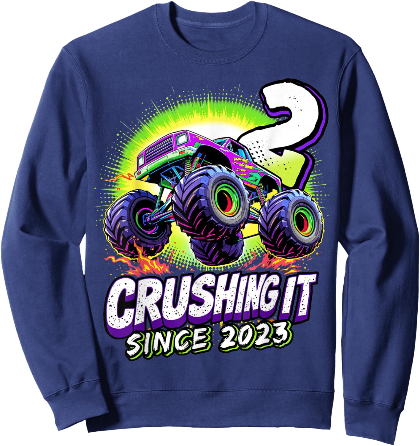 Birthday Monster Truck 2 Year Old Boys 2nd Party Born 2023 Sweatshirt - Sweatshirt | Navy
