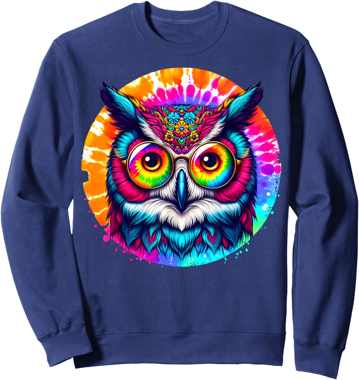 Cool Tie Dye Owl Sunglasses Bird Graphic Illustration Art Sweatshirt - Sweatshirt | Navy