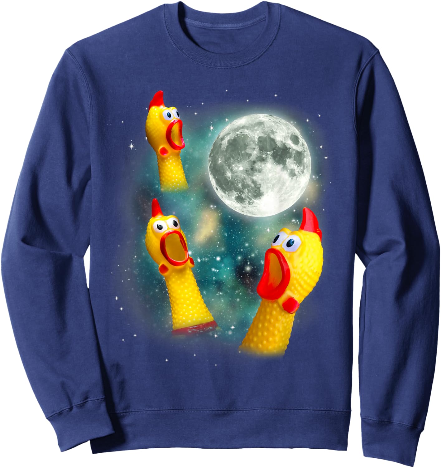 Three Rubber Chicken Moon Funny Screaming Fowl Cursed Joke Sweatshirt - Sweatshirt | Navy