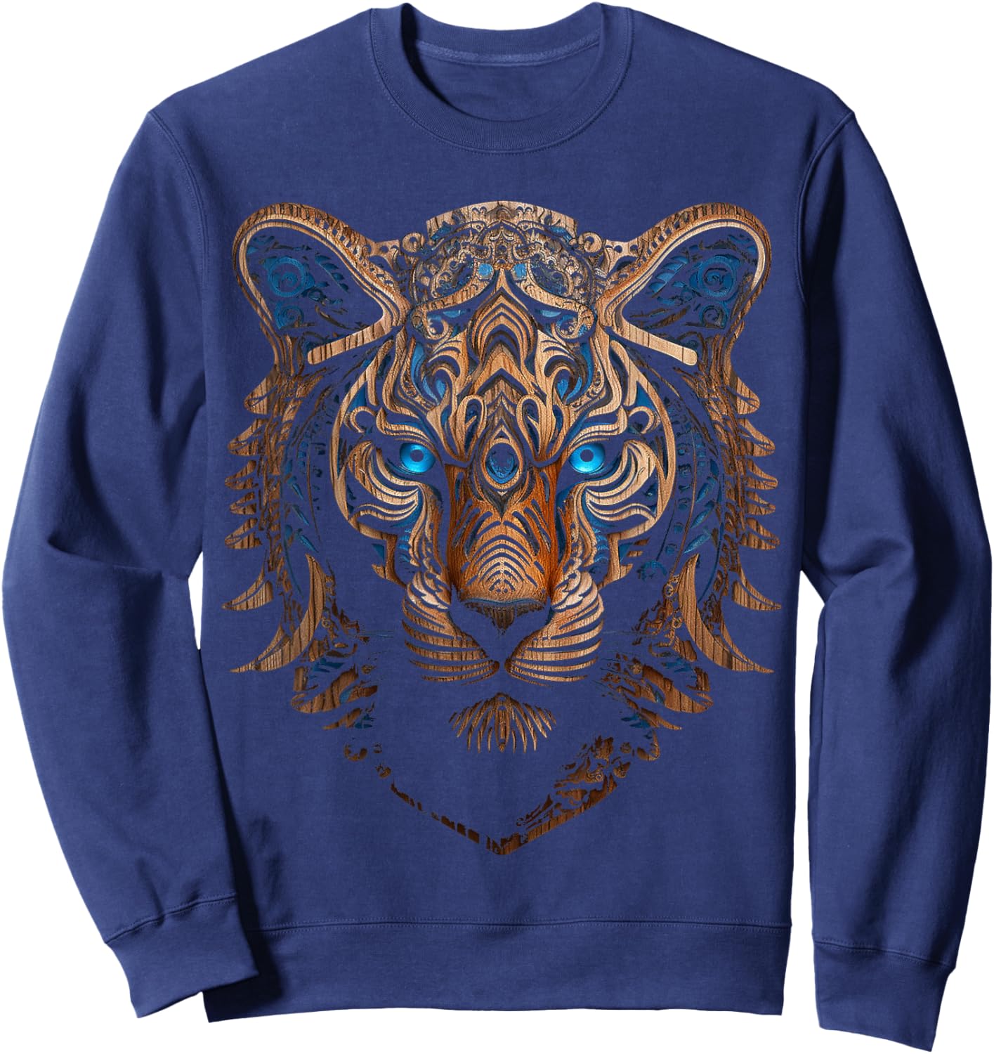 Tiger Sculpture Blue Eyes Animal Art Portrait Graphic Tiger Sweatshirt - Sweatshirt | Navy