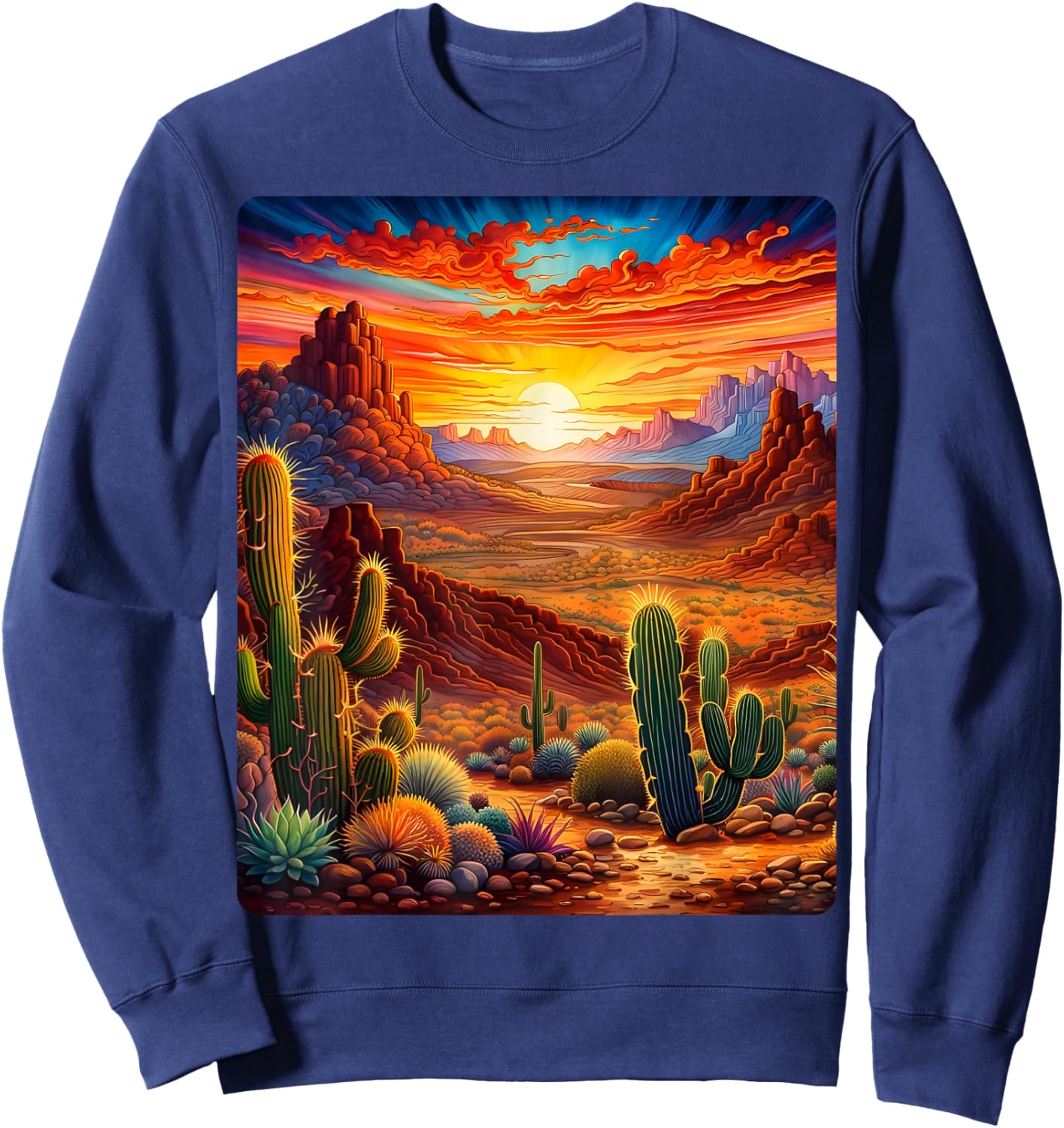Valley Desert Sunset Sunrise Cactus Mountains Nature Clouds Sweatshirt - Sweatshirt | Navy