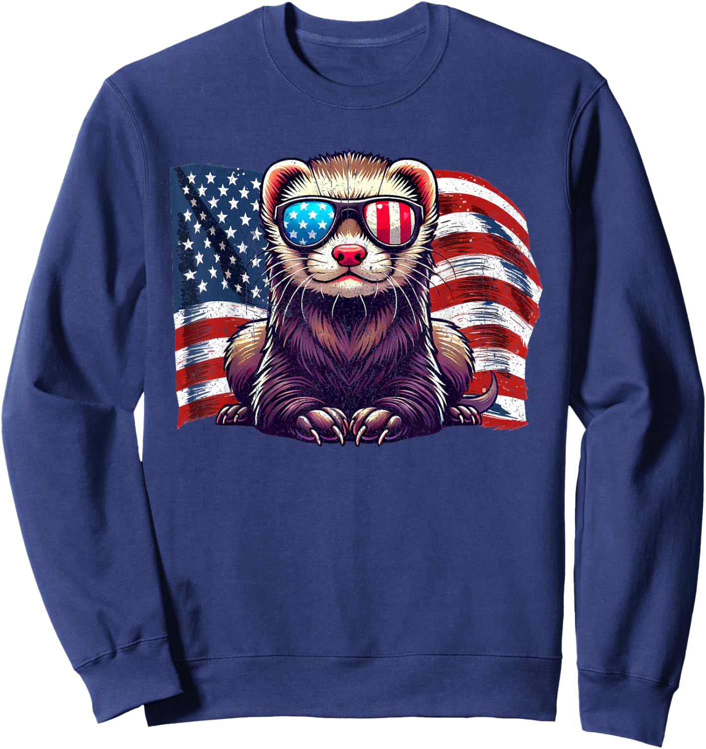 Ferret Pets Lovers Patriotic America Flag Sunglasses Vintage Sweatshirt - Sweatshirt | Navy