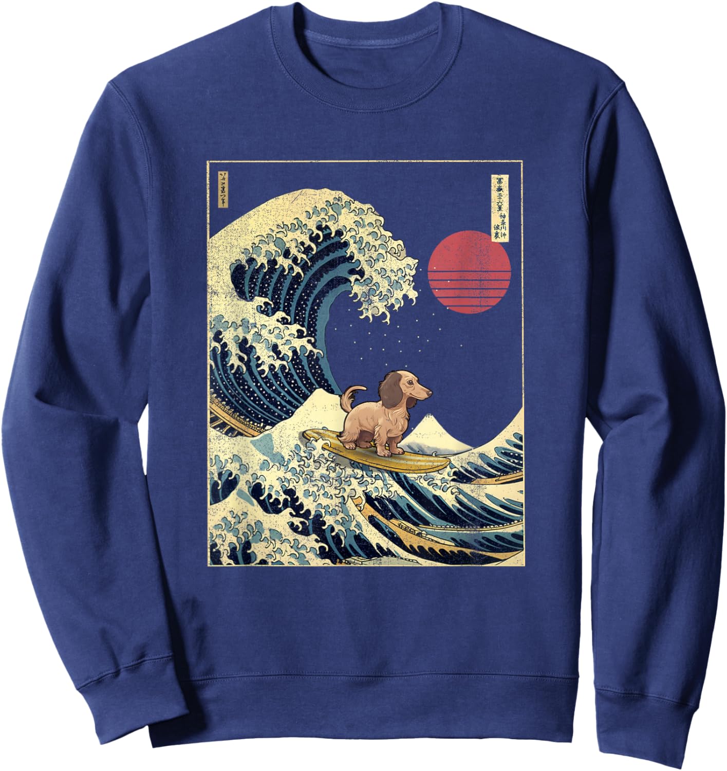 Long Haired Dachshund Japanese Kanagawa Wave Funny Surf Dog Sweatshirt - Sweatshirt | Navy