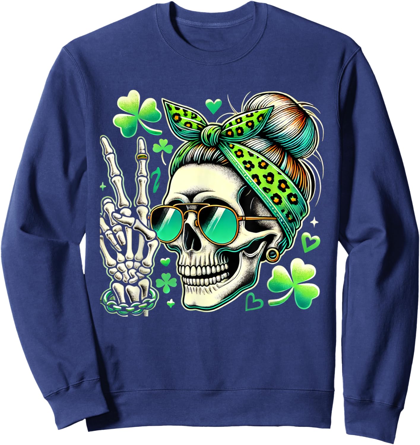 St Patricks Day Skull Messy Bun Saint Pattys Paddys Women Sweatshirt - Sweatshirt | Navy