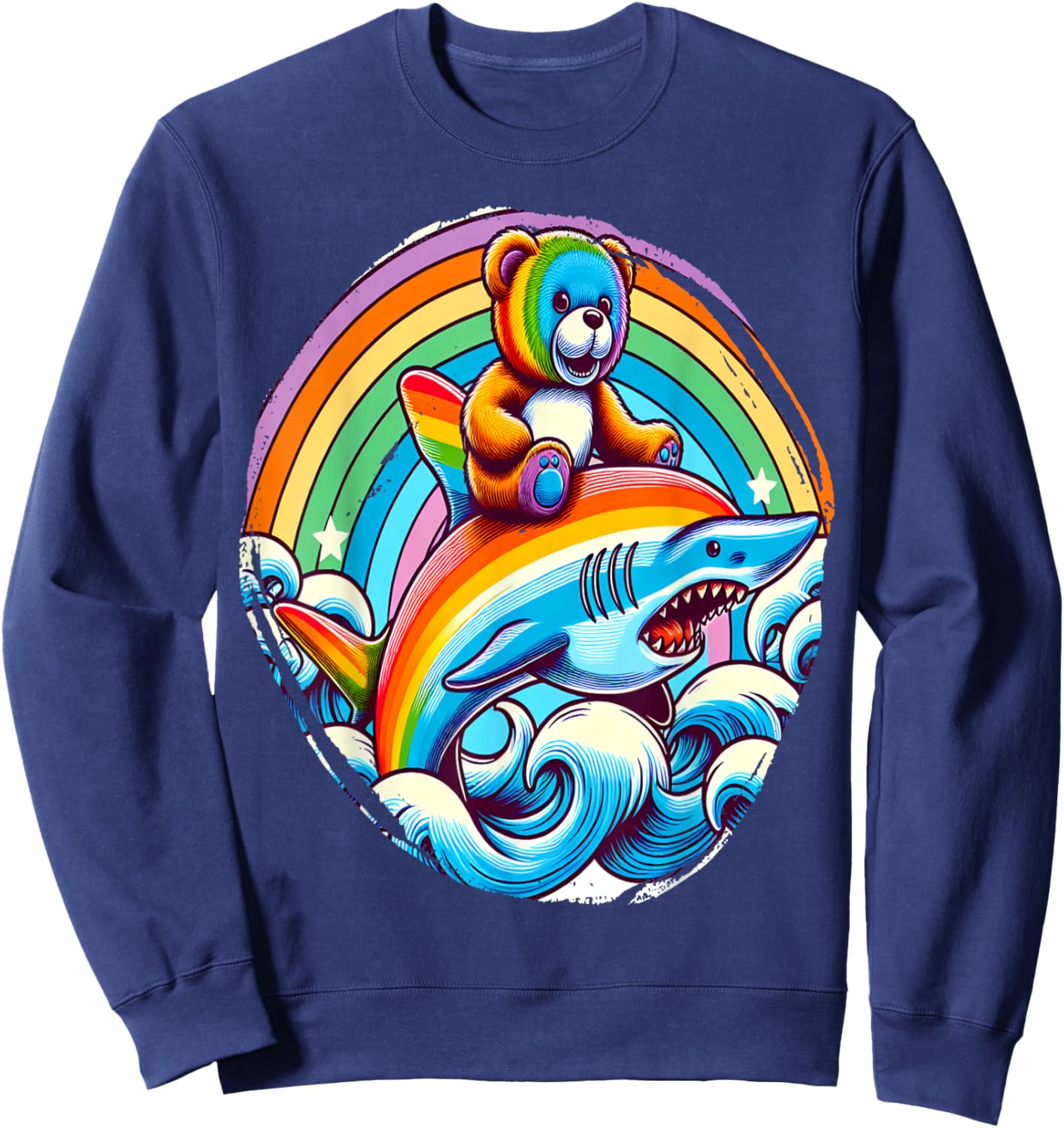 Teddy Bear Riding Shark on Rainbow Sweatshirt - Sweatshirt | Navy