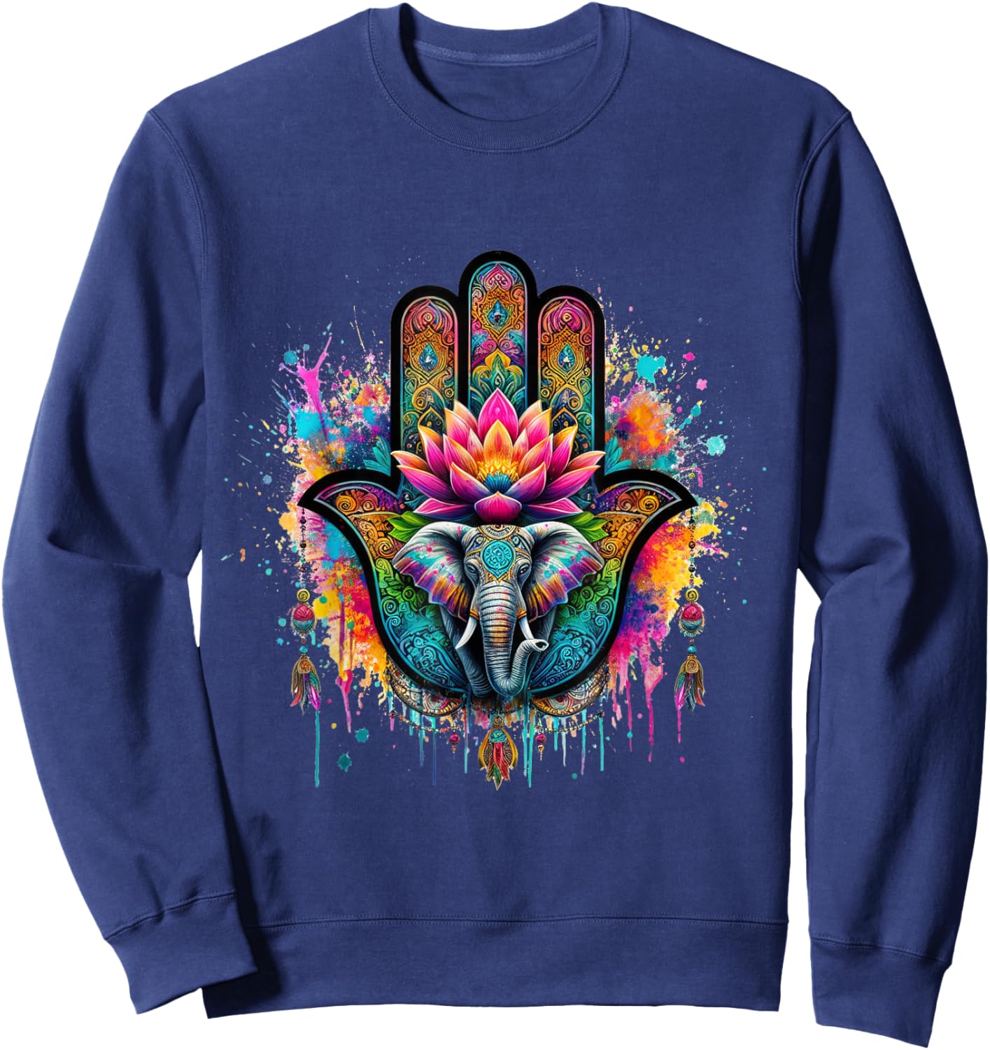 Beautiful Hamsa Hand Colorful Art with Elephant and Lotus Sweatshirt - Sweatshirt | Navy