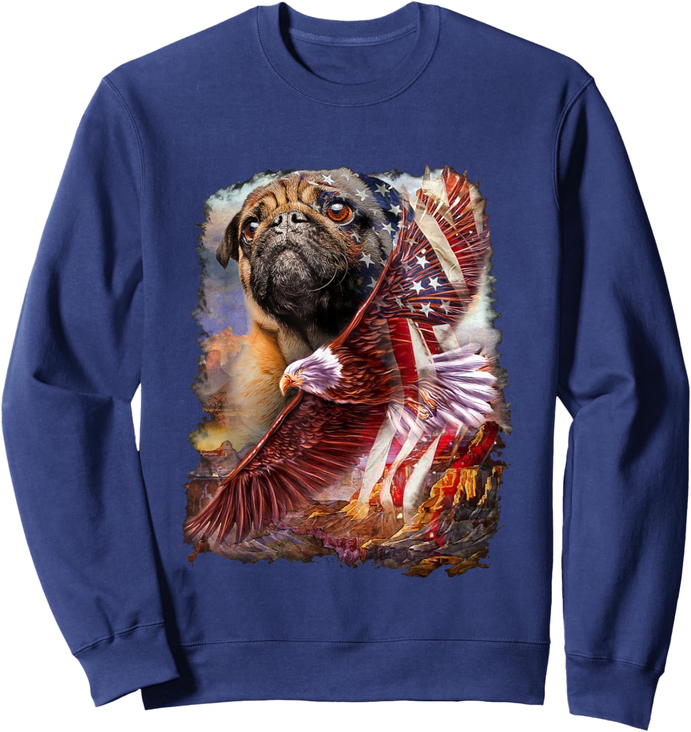 Pug with bald eagle american flag Sweatshirt - Sweatshirt | Navy