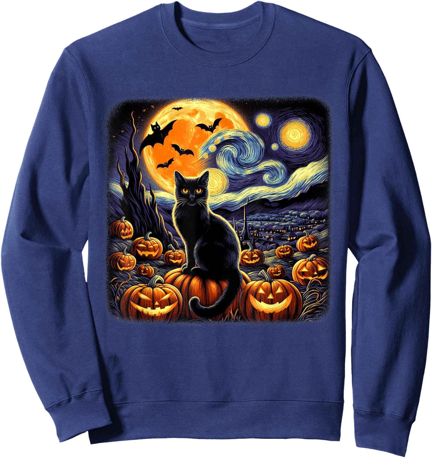 Van Gogh Cat Starry Night Cat Halloween Pumpkin Cat Lovers Sweatshirt - Sweatshirt | Navy