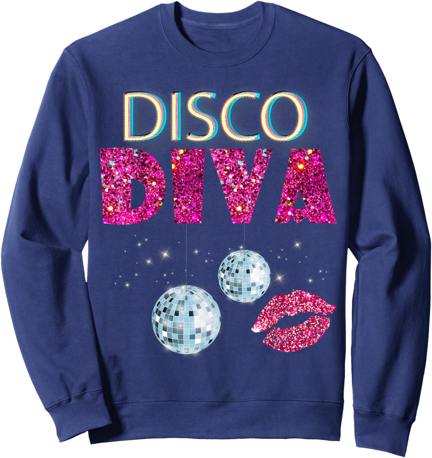 Disco Diva Ladies Disco Gold Ball Silver Red Lips Sweatshirt - Sweatshirt | Navy
