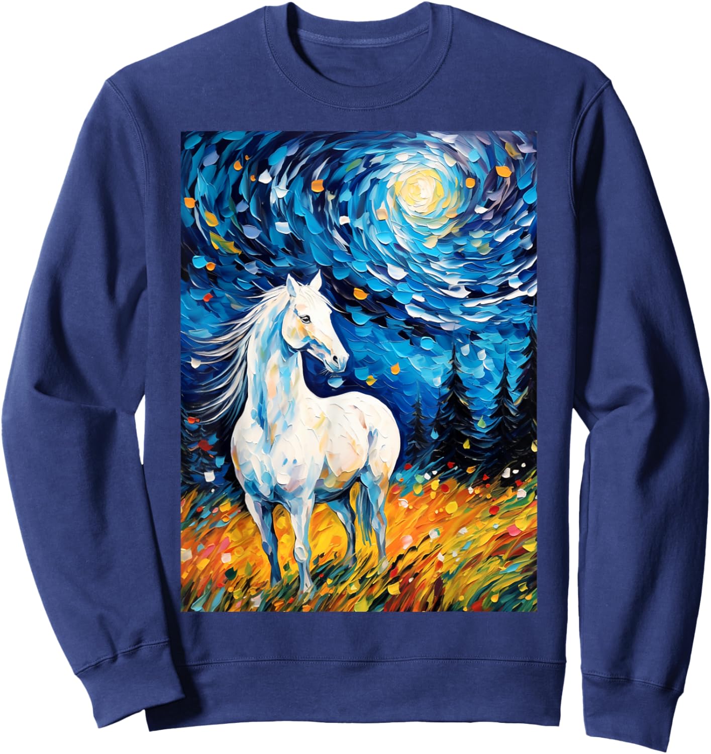 White Horse in Starry Night Van Gogh Horses Lover Sweatshirt - Sweatshirt | Navy