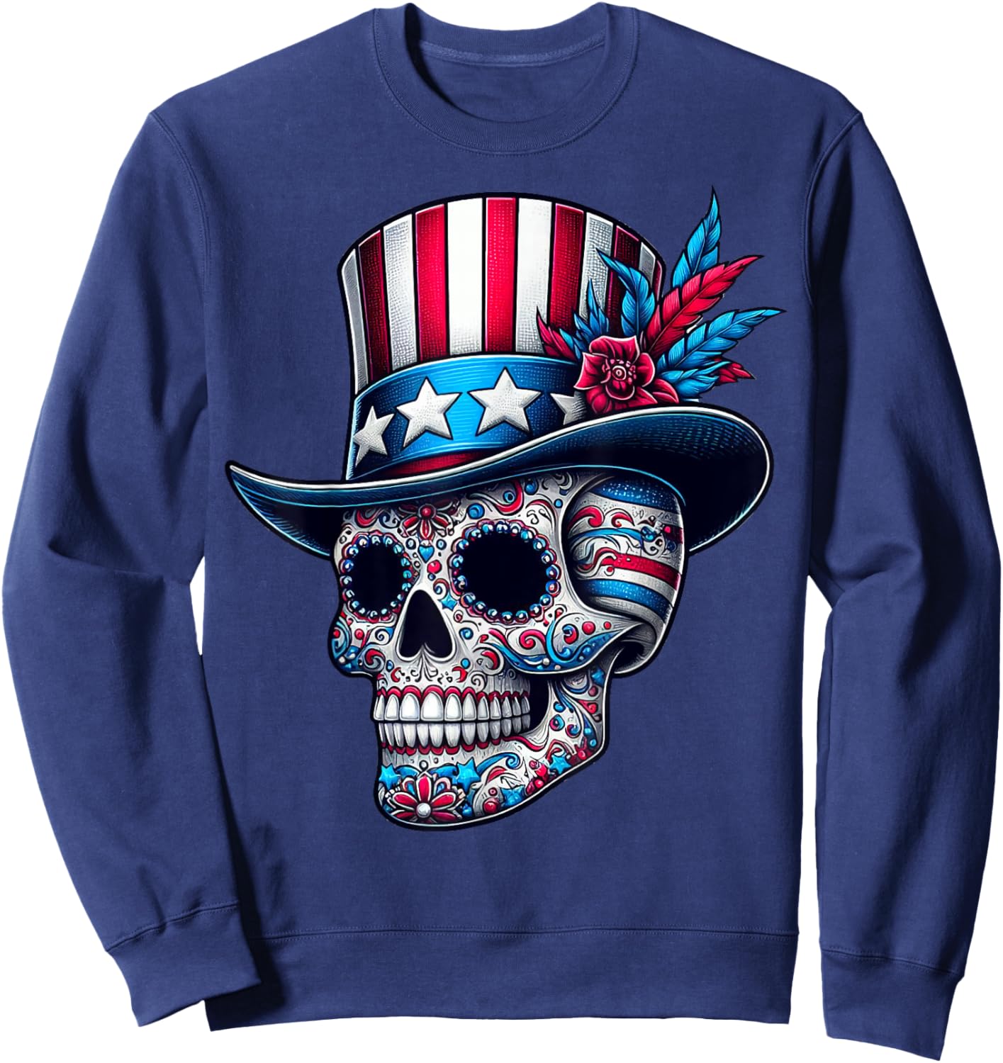 Independence Day USA Patriot Skull 4th of July Sugar Skull Sweatshirt - Sweatshirt | Navy