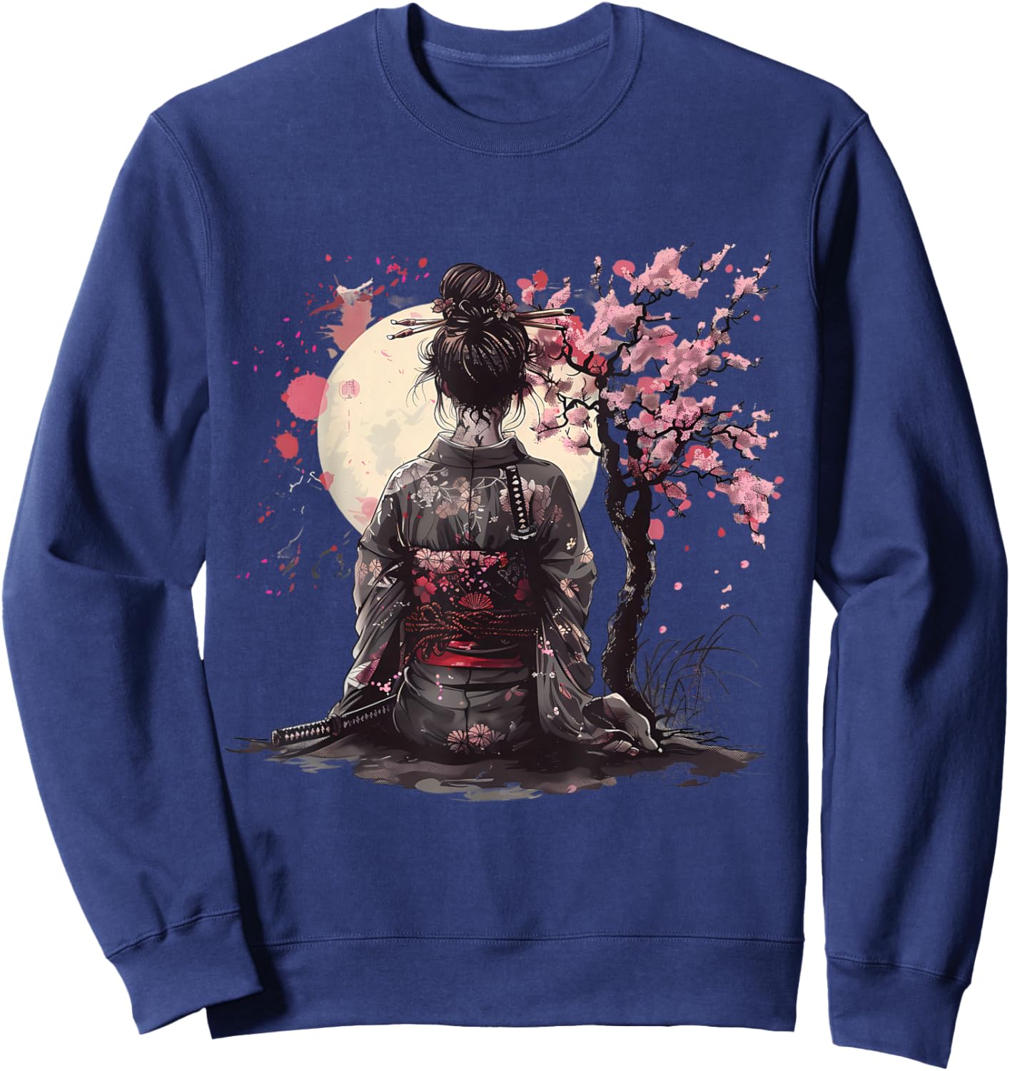 Japanese Samurai Girl Sakura Cherry Blossom Japanese Geisha Sweatshirt - Sweatshirt | Navy