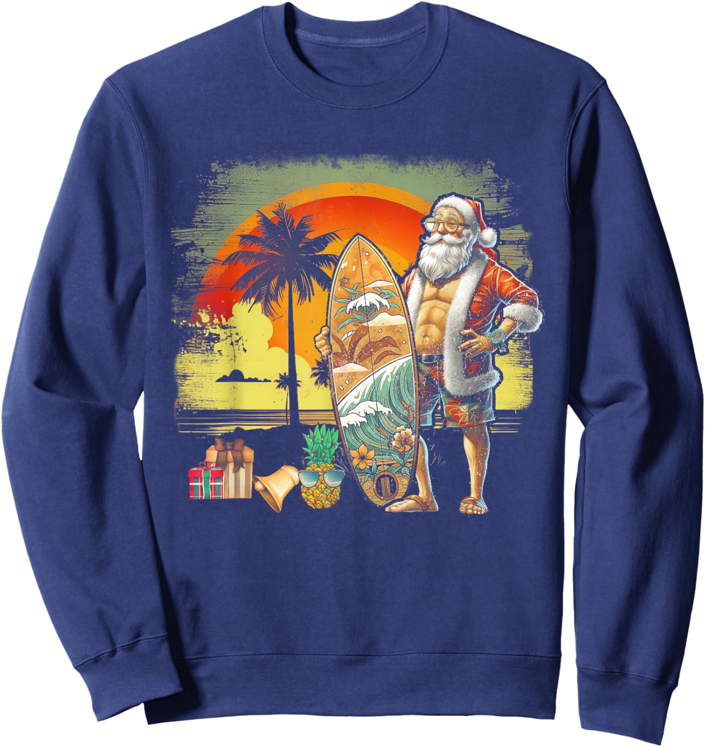 Tropical Summer Surfing Santa Claus 6 Pack Christmas In July Men Women Sweatshirt - Sweatshirt | Navy