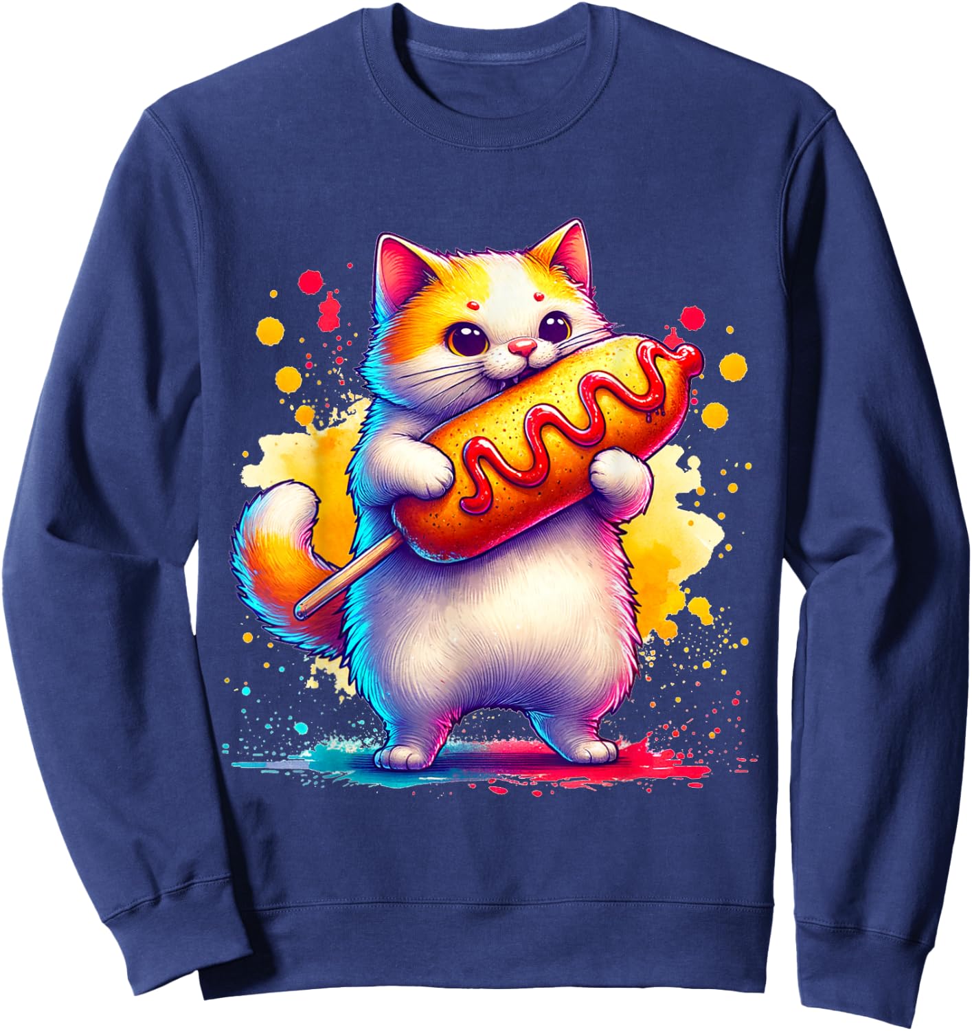 Cute Cat Eating Corndog. Funny Cats And Corndogs Lover Sweatshirt - Sweatshirt | Navy