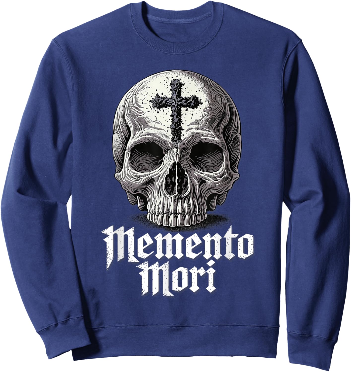 Memento Mori Catholic Crucifix Traditional Latin Mass Skull Sweatshirt - Sweatshirt | Navy