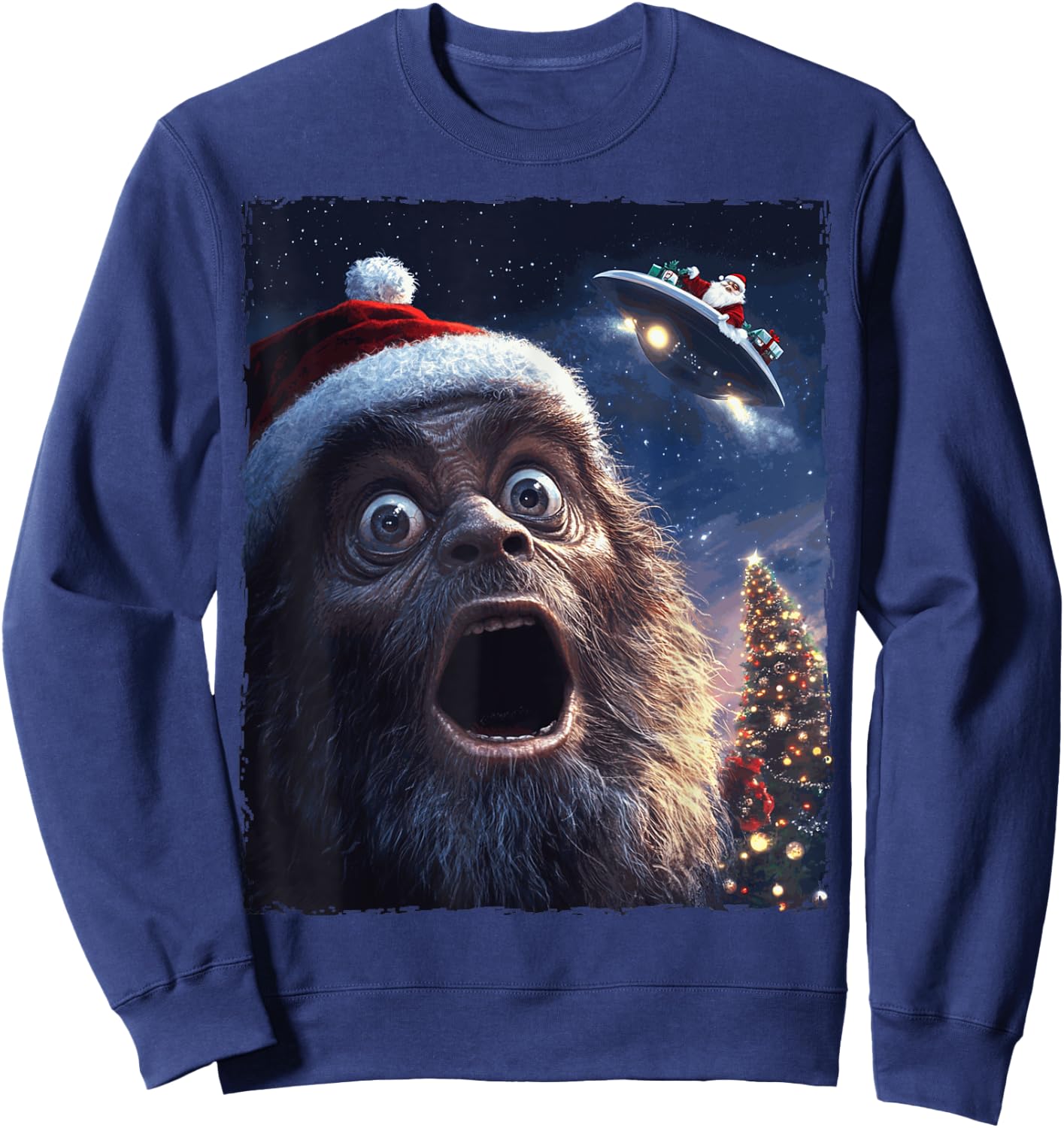 Funny Bigfoot Sasquatch Selfie Santa Ufo Xmas Christmas Sweatshirt - Sweatshirt | Navy