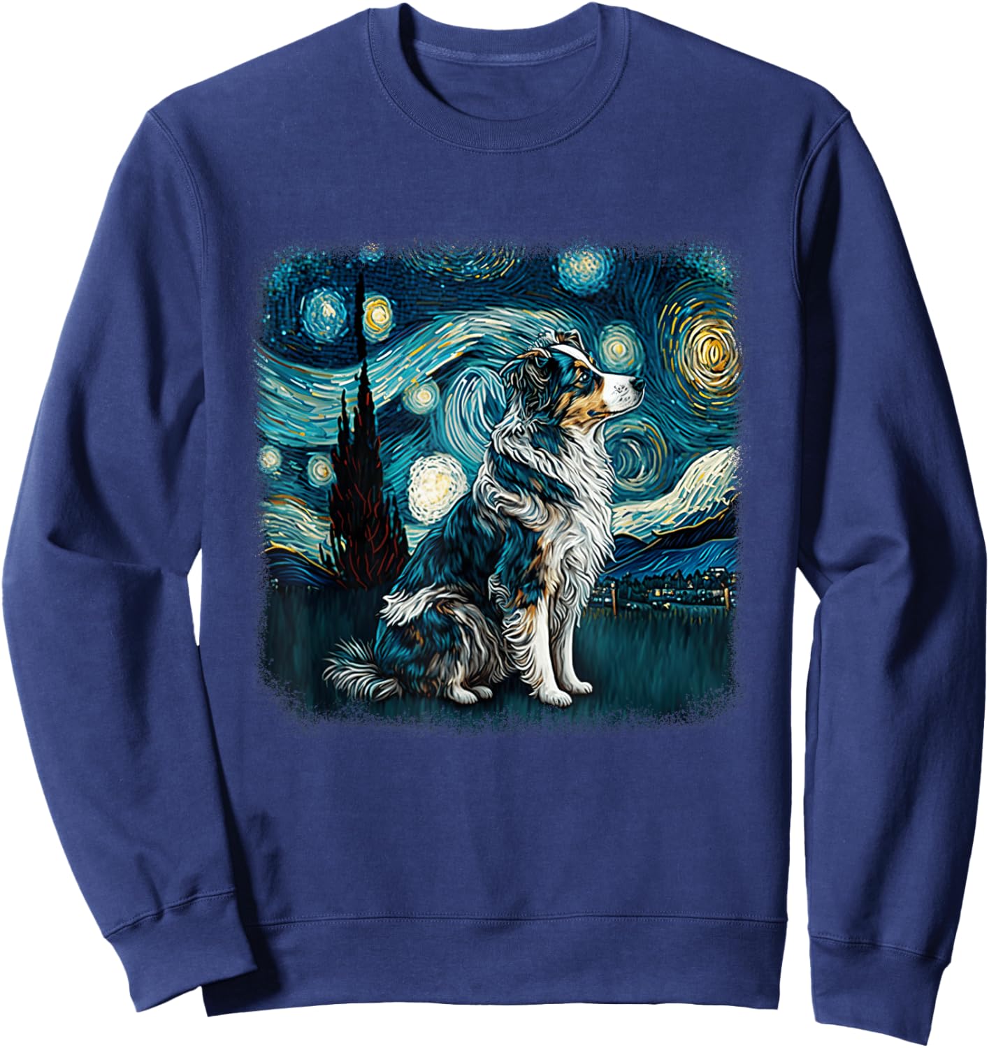 Dog in starry night van gogh aussie mini Australian Shepherd Sweatshirt - Sweatshirt | Navy