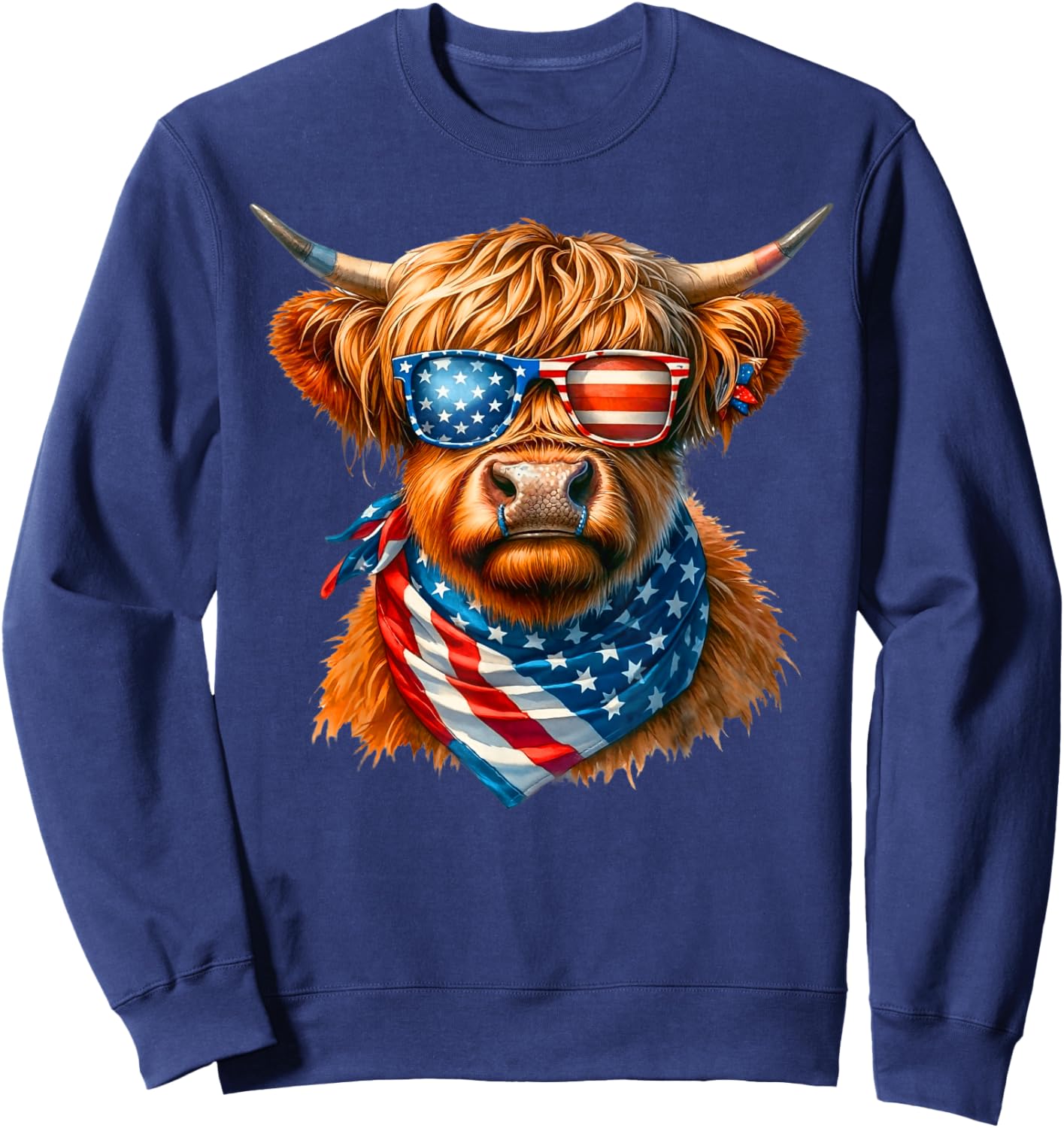 Vintage Patriot Highland Cow 4th Of July American Flag Sweatshirt - Sweatshirt | Navy