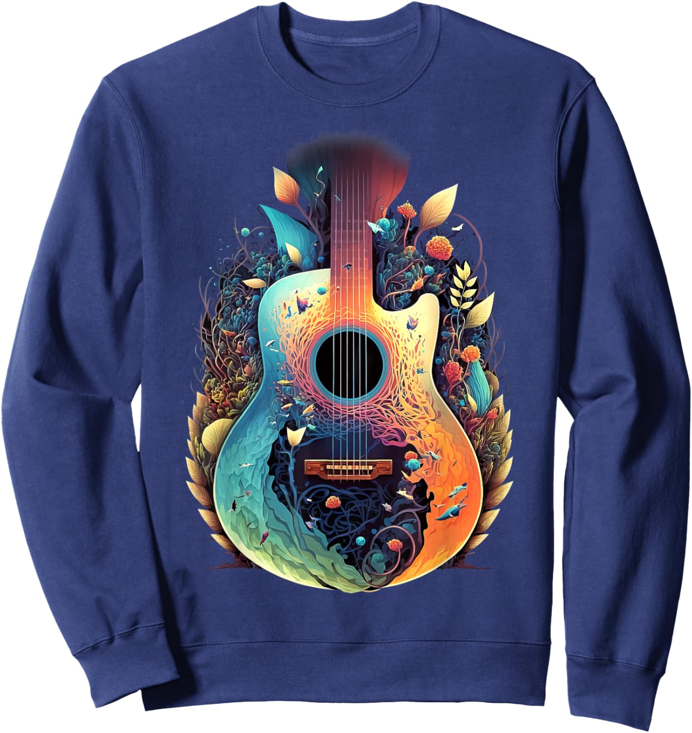 Guitar Graphic Music Lover - Acoustic Guitar Musician Floral Sweatshirt - Sweatshirt | Navy