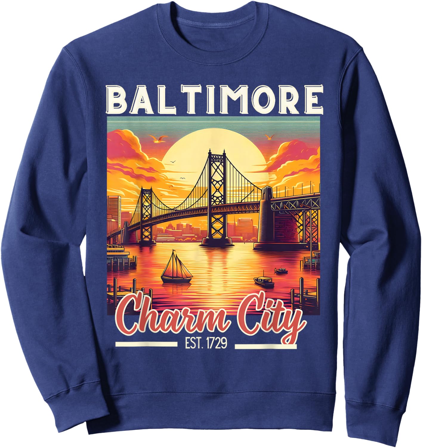 Vintage Baltimore Maryland Charm City Trip retro skyline men Sweatshirt - Sweatshirt | Navy