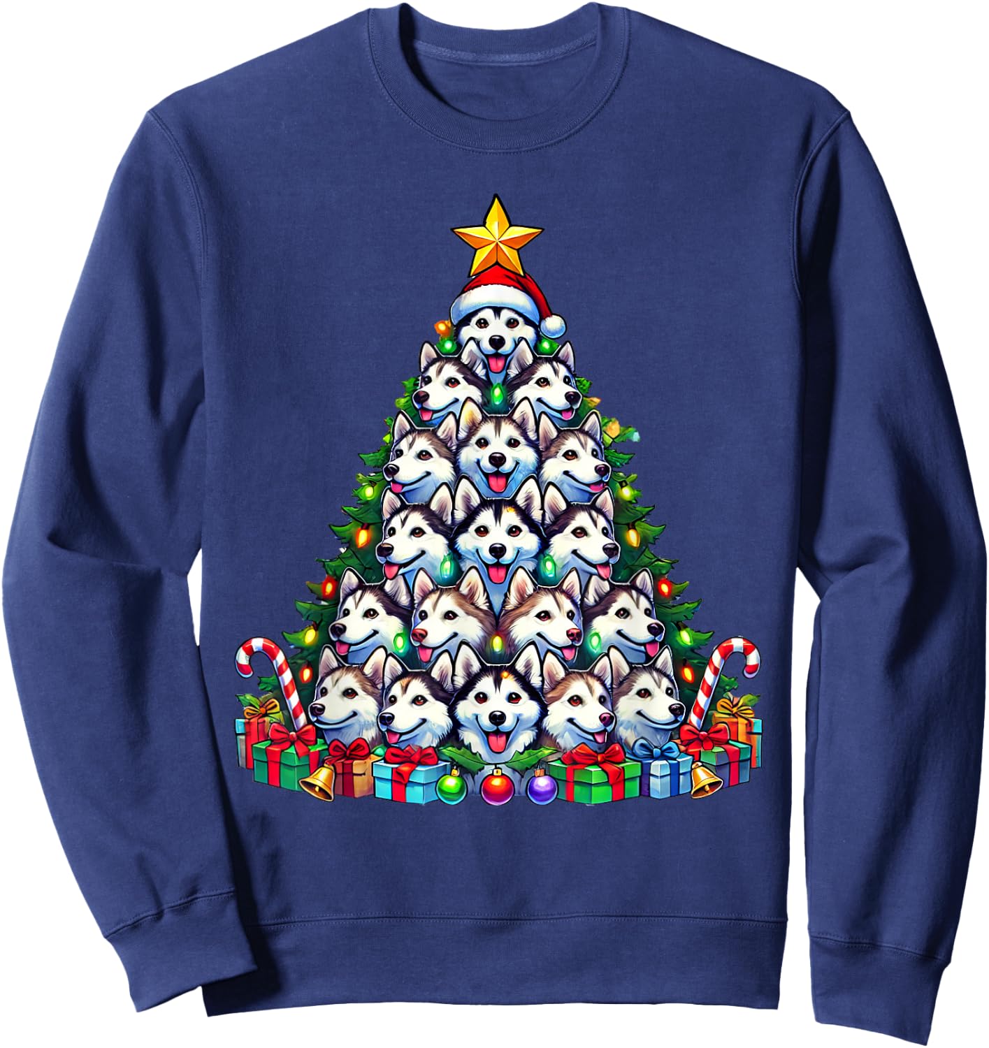 Siberian Husky Dog Christmas Tree Funny Husky Xmas Sweatshirt - Sweatshirt | Navy