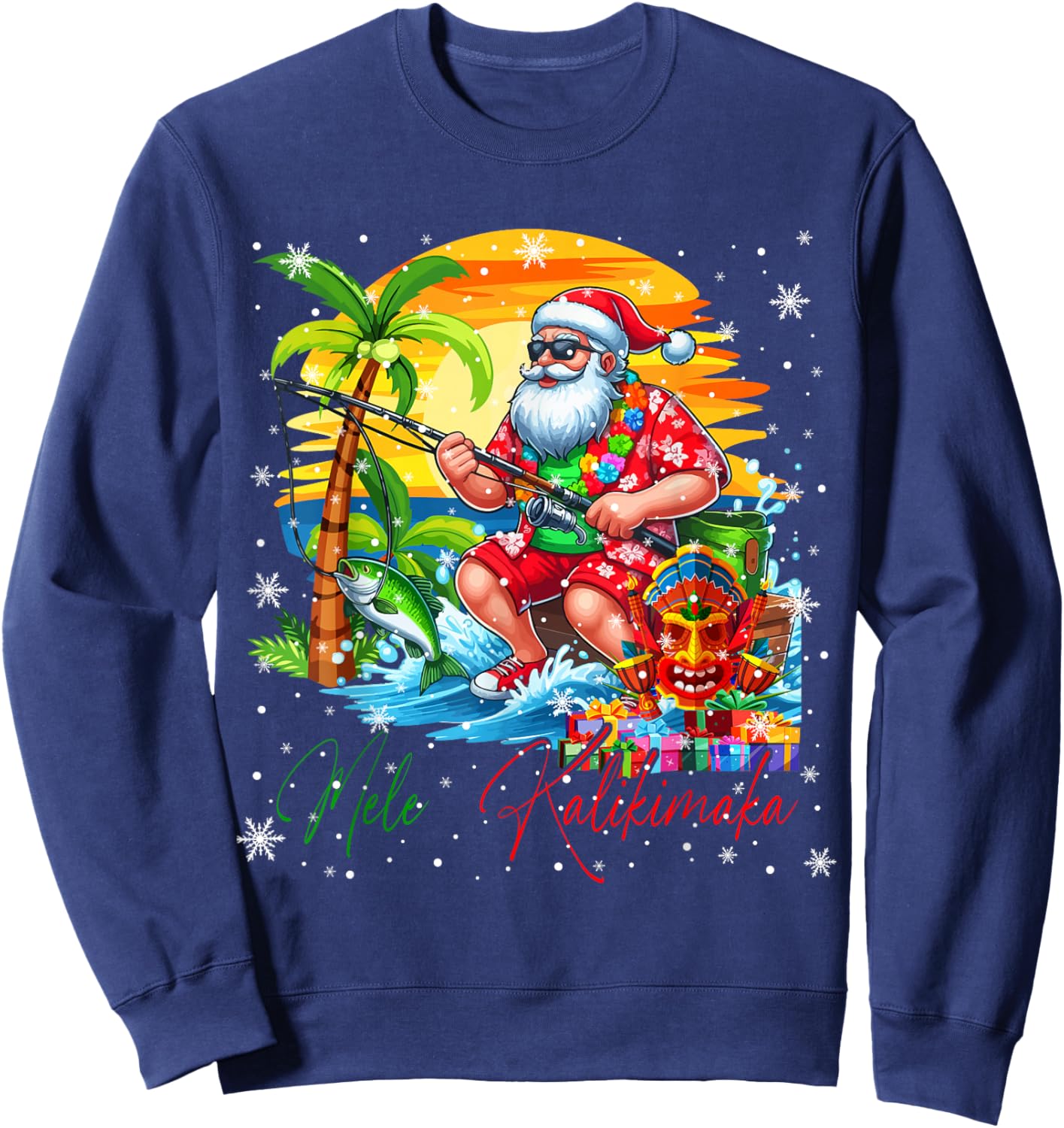 Mele Kalikimaka Hawaiian Santa Sunglasses Fishing Christmas Sweatshirt - Sweatshirt | Navy