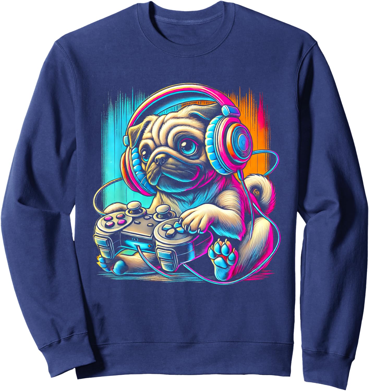 Pug Dog Colorful Video Game Controller Women Kids Sweatshirt - Sweatshirt | Navy
