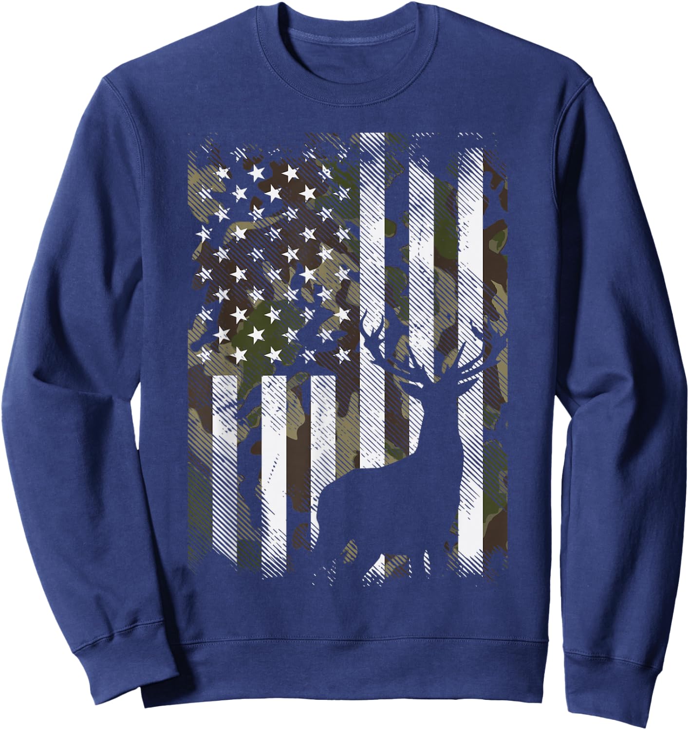 Camo US Flag Deer Elk Buck Camoflage Hunting Hunter Dad Gift Short Sleeve Sweatshirt - Sweatshirt | Navy