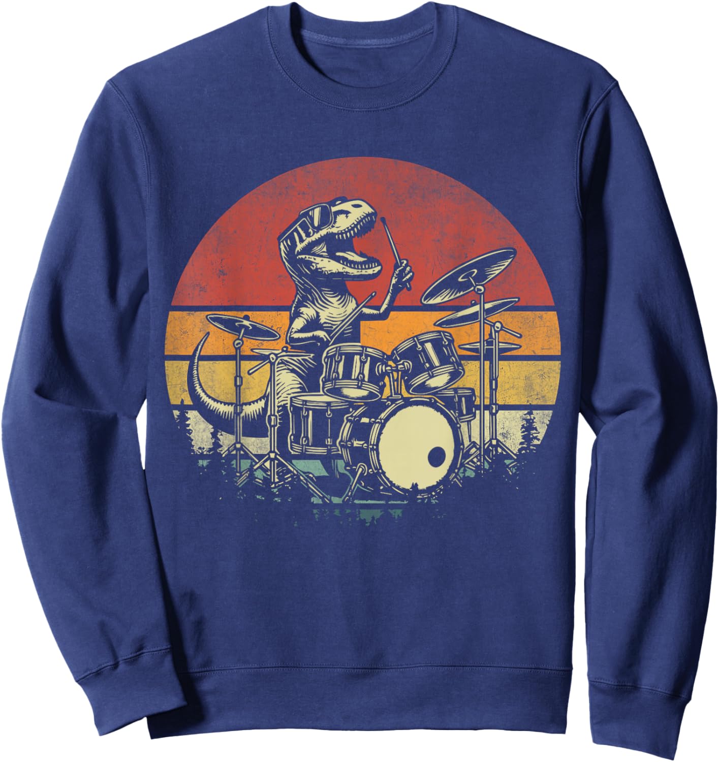 Funny Retro Trex Drummer Rock Drummer T-rex Playing Drums Sweatshirt - Sweatshirt | Navy