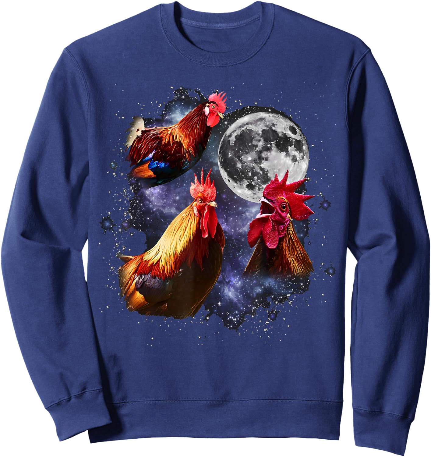Vintage Three Roosters Howling at the Moon Funny Farm Animal Sweatshirt - Sweatshirt | Navy