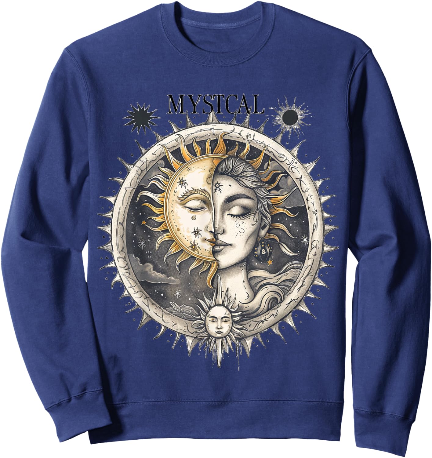 Mystical Sun and Moon with Woman Mystical Flowers Aesthetic Sweatshirt - Sweatshirt | Navy