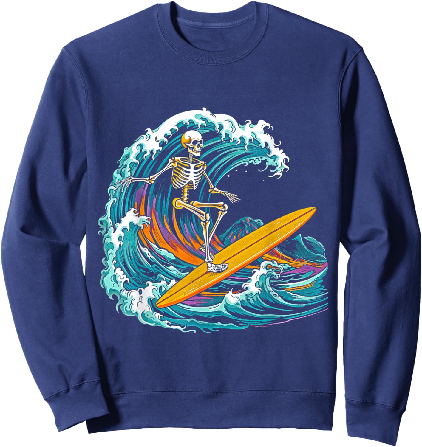 Skull Skeleton Surfer Wave Beach Vintage Funny 80s 80s Sweatshirt - Sweatshirt | Navy