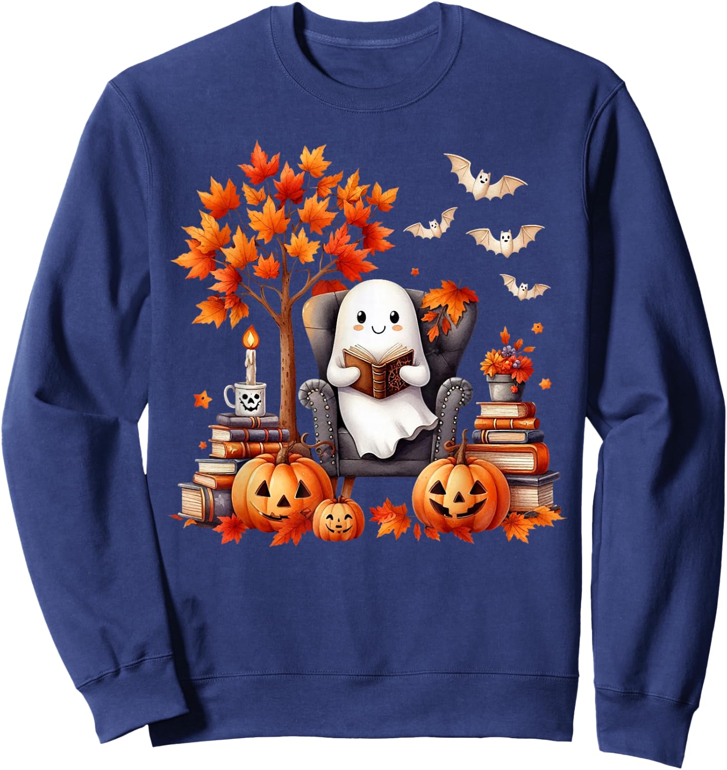 Vintage Ghost Book Reading Pumpkin Gothic Halloween Teachers Sweatshirt - Sweatshirt | Navy