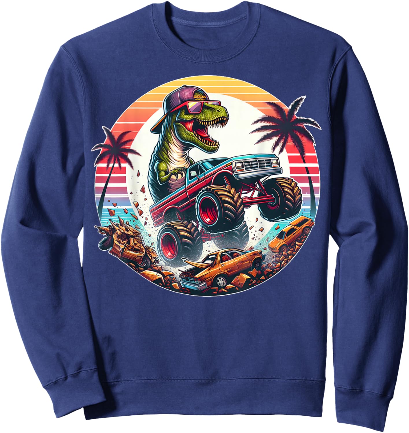T-rex Dinosaur Monster Truck Vintage Kids Youth Toddlers Jam Sweatshirt - Sweatshirt | Navy
