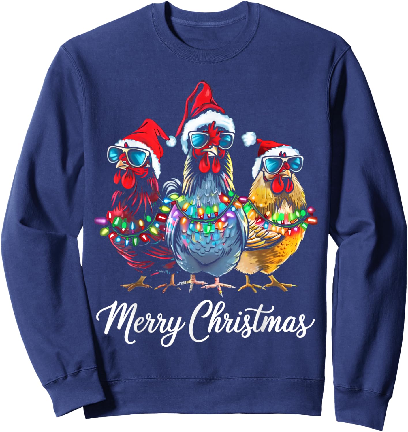 Merry Chickmas Ornament Lights Chicken Farmer Xmas Squad Sweatshirt - Sweatshirt | Navy